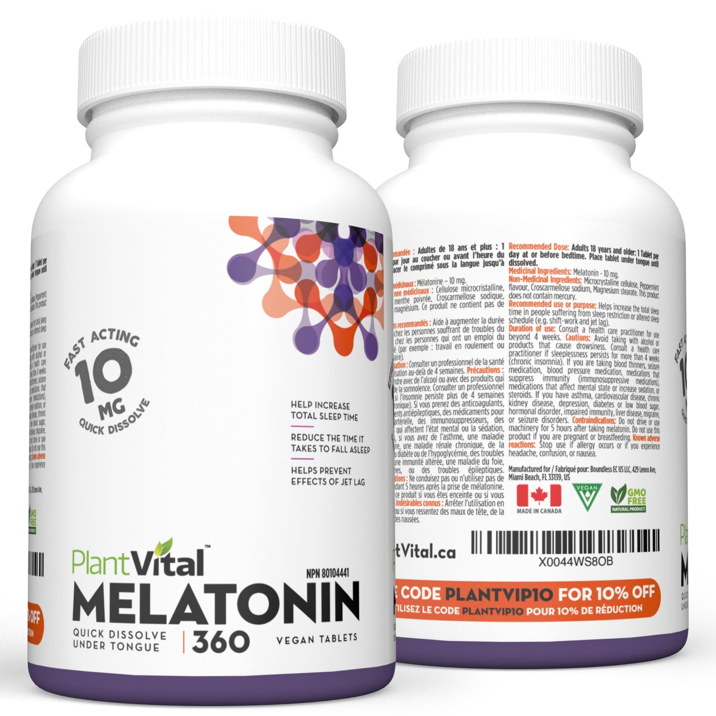 Plantvital Melatonin 10mg - Maximum Potency - Fast Dissolve Tablets - Canadian Made