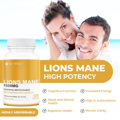 New Nutrali MAXIMUM POTENCY Lions Mane Supplement Extract Capsules – 1500mg per Serving - Canadian Grown