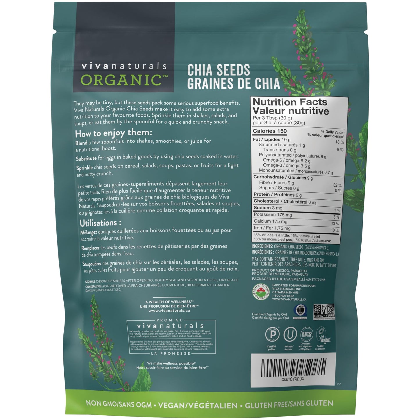 Viva Naturals Organic Chia Seeds 2 LBs - Plant-Based Omega-3 and Vegan Protein, Non-GMO Organic Chia Seeds - Black Chia Seeds Bulk