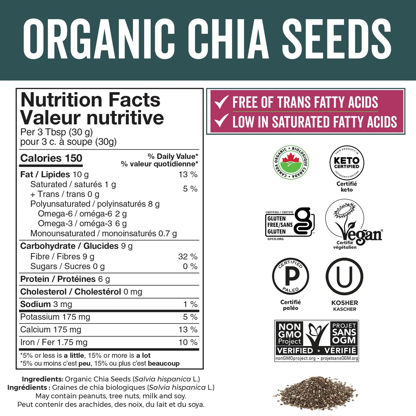 Viva Naturals Organic Chia Seeds 2 LBs - Plant-Based Omega-3 and Vegan Protein, Non-GMO Organic Chia Seeds - Black Chia Seeds Bulk