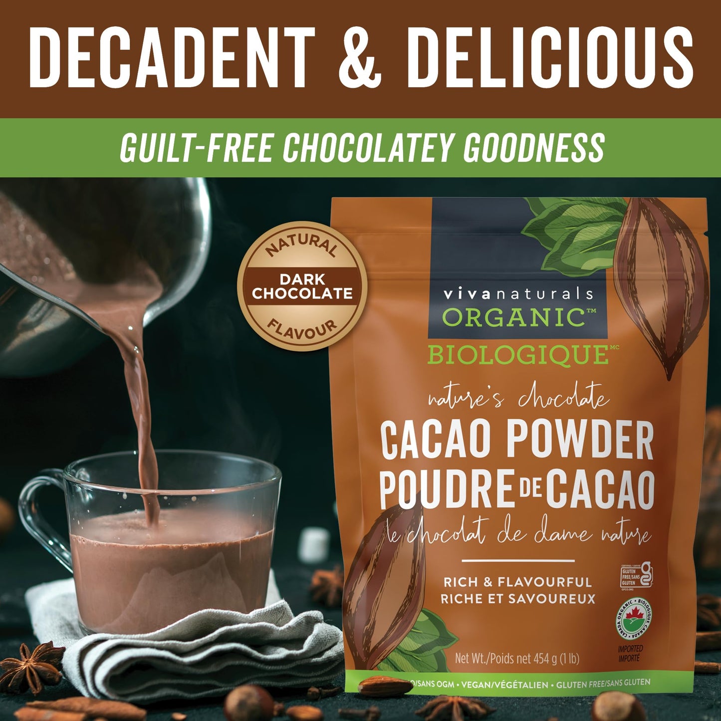 Viva Naturals Organic Cacao Powder, 1lb - Unsweetened Cocoa Powder w/ Rich Dark Chocolate Flavour - Certified Vegan, Keto & Paleo, Gluten-Free & Non-GMO, 454g (Pack of 1)