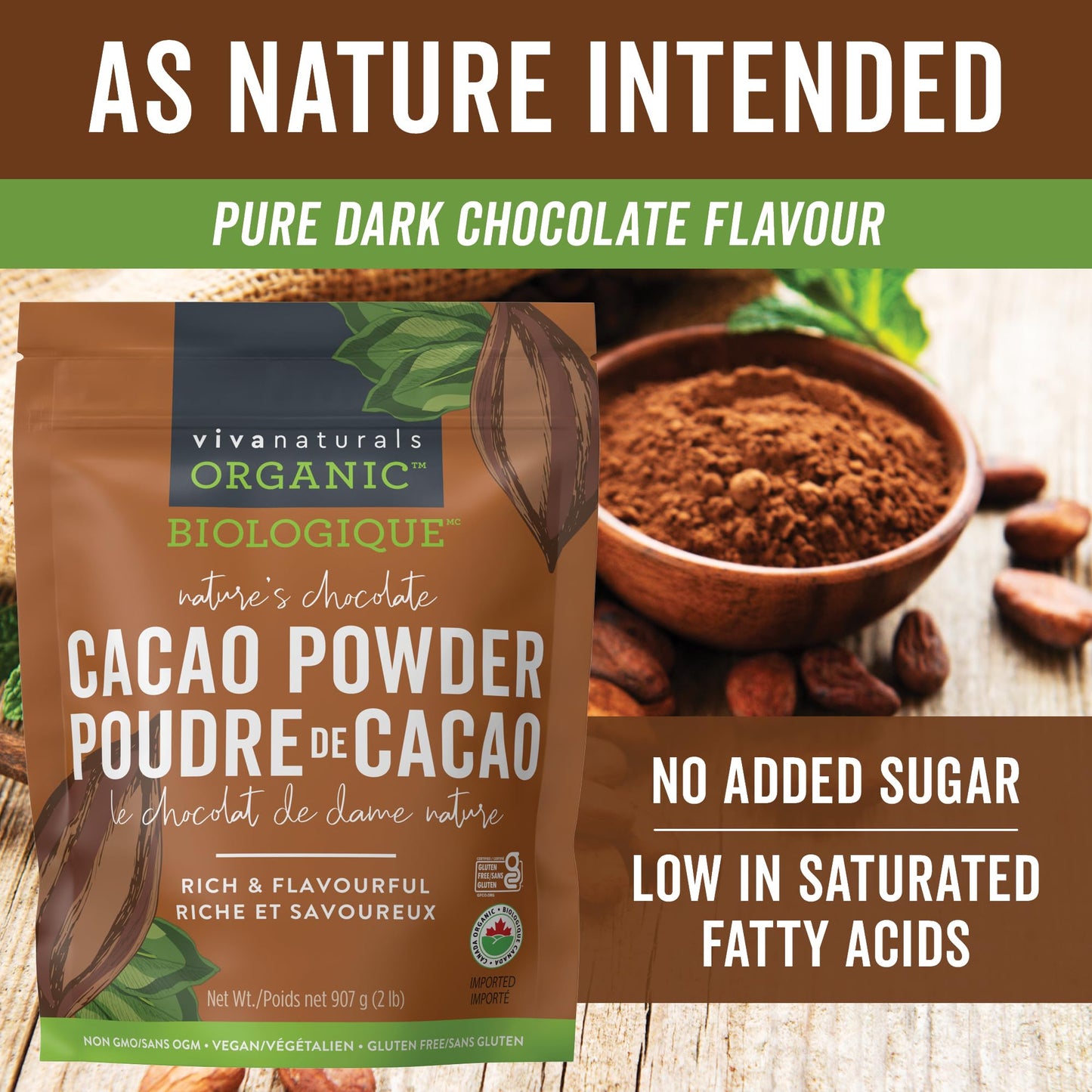 Viva Naturals Organic Cacao Powder, 1lb - Unsweetened Cocoa Powder w/ Rich Dark Chocolate Flavour - Certified Vegan, Keto & Paleo, Gluten-Free & Non-GMO, 454g (Pack of 1)