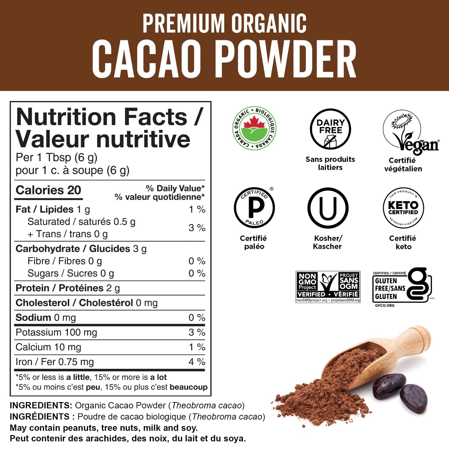 Viva Naturals Organic Cacao Powder, 1lb - Unsweetened Cocoa Powder w/ Rich Dark Chocolate Flavour - Certified Vegan, Keto & Paleo, Gluten-Free & Non-GMO, 454g (Pack of 1)