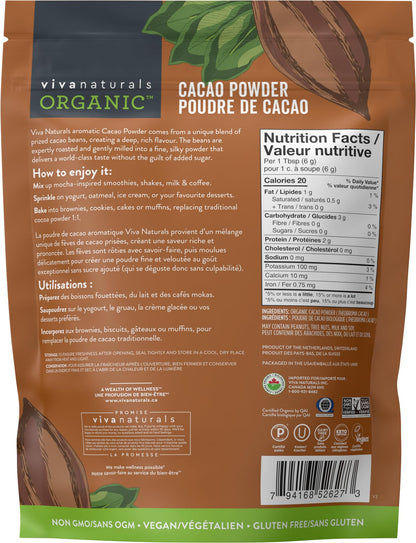 Viva Naturals Organic Cacao Powder, 1lb - Unsweetened Cocoa Powder w/ Rich Dark Chocolate Flavour - Certified Vegan, Keto & Paleo, Gluten-Free & Non-GMO, 454g (Pack of 1)