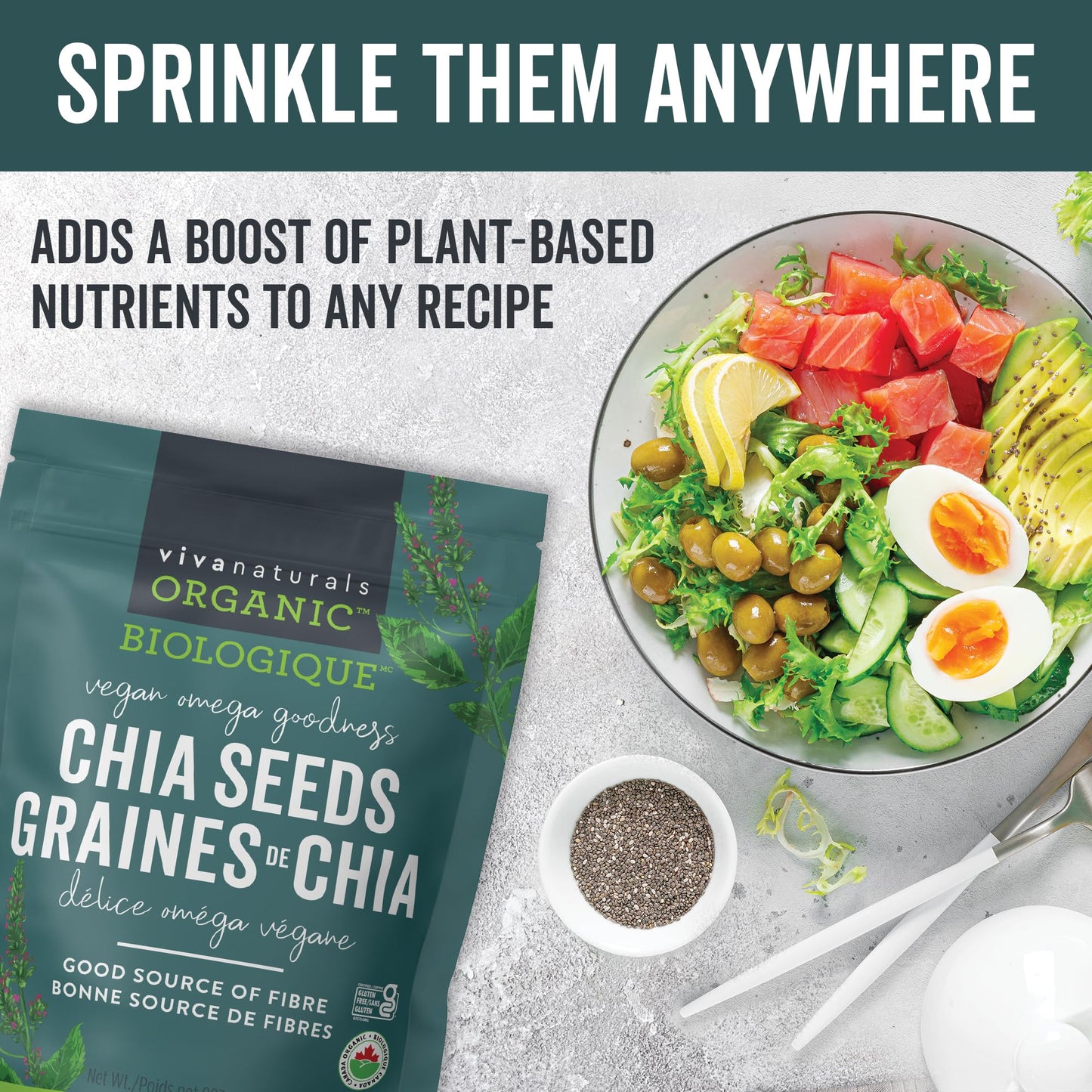 Viva Naturals Organic Chia Seeds 2 LBs - Plant-Based Omega-3 and Vegan Protein, Non-GMO Organic Chia Seeds - Black Chia Seeds Bulk