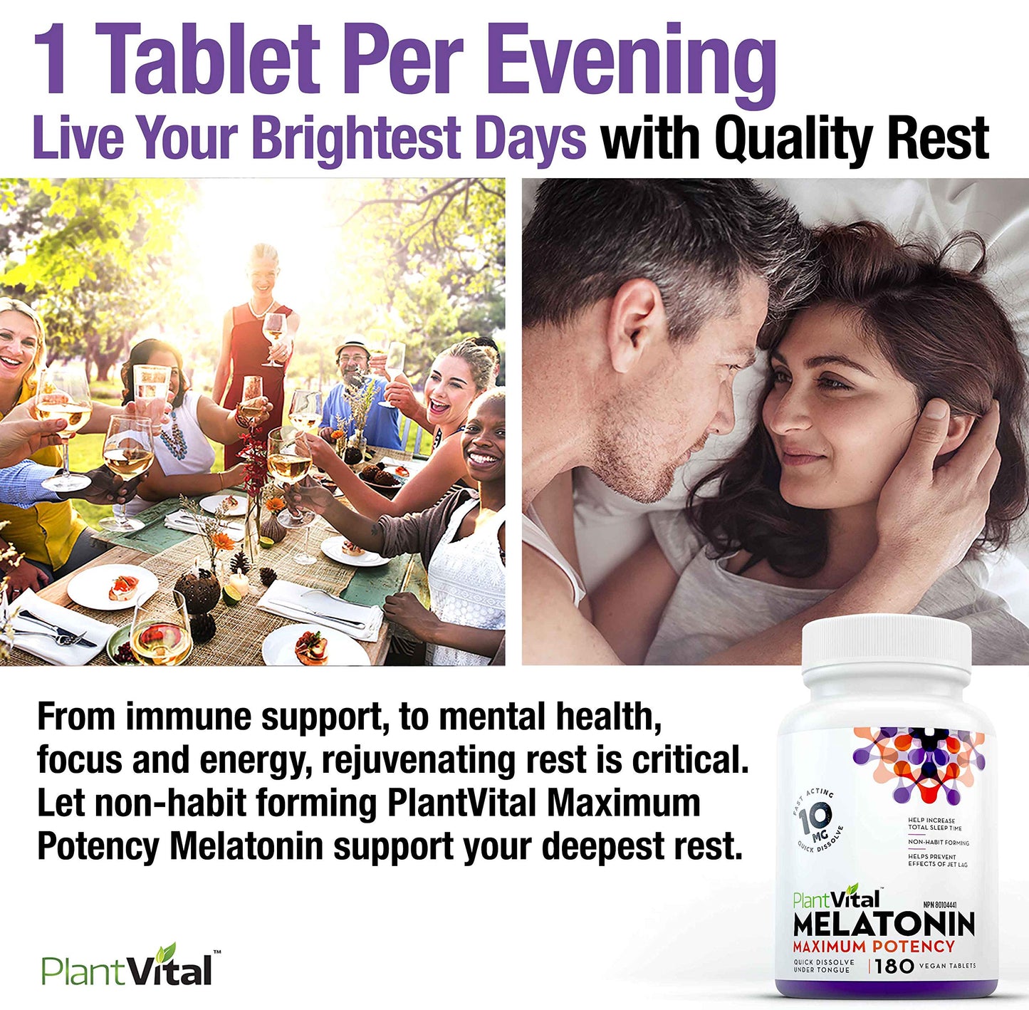 Plantvital Melatonin 10mg - Maximum Potency - Fast Dissolve Tablets - Canadian Made