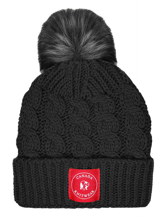 Canada Knitwear Cable Knit Pom Beanie Hat for Women Casquette Femme Faux Fur Pompom Toque/Beanie Black