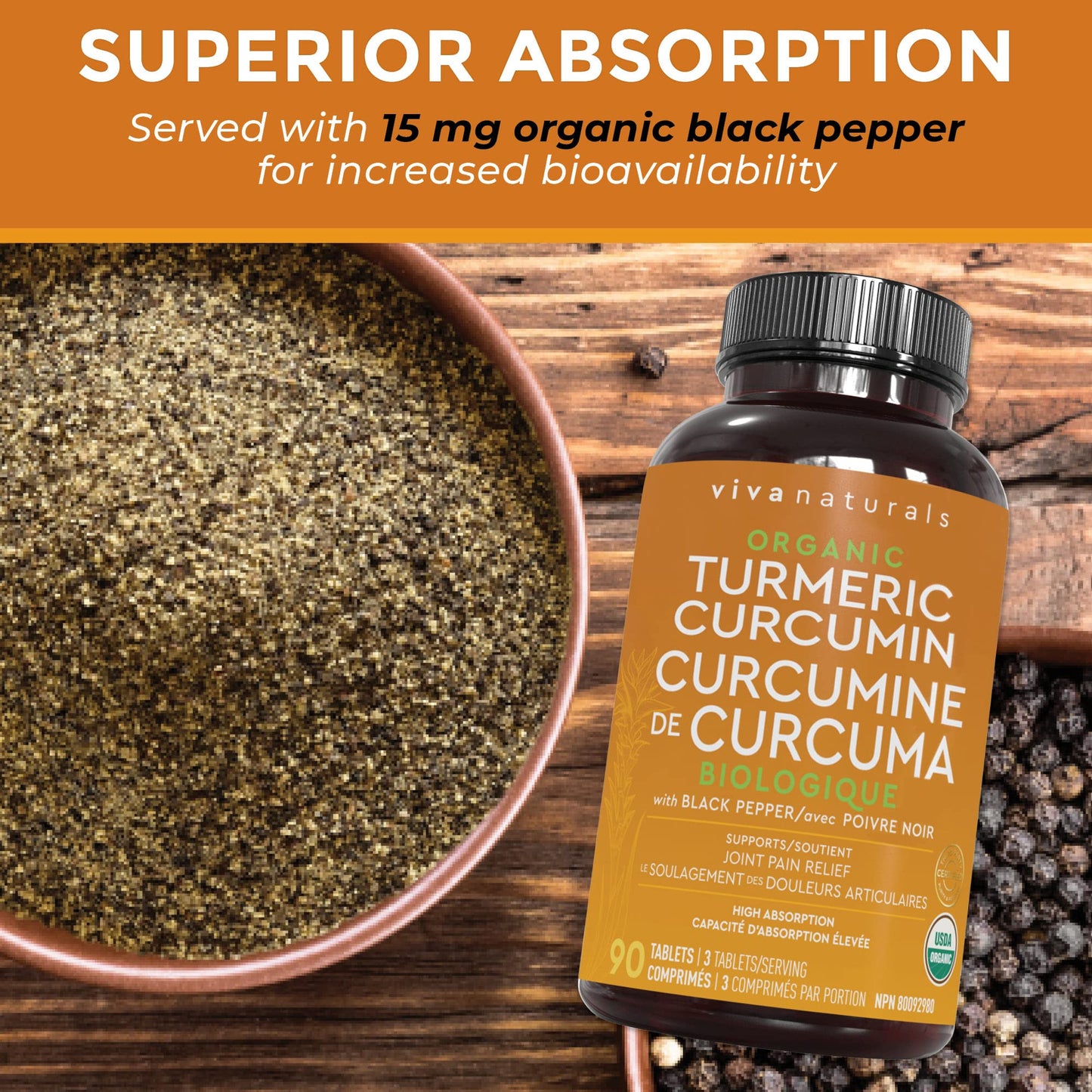 Viva Naturals Organic Turmeric Curcumin with Organic Black Pepper, 1500mg Organic Turmeric with 150 mg Standardized to 95% Curcuminoids, Joint Pain Relief, 90 tablets